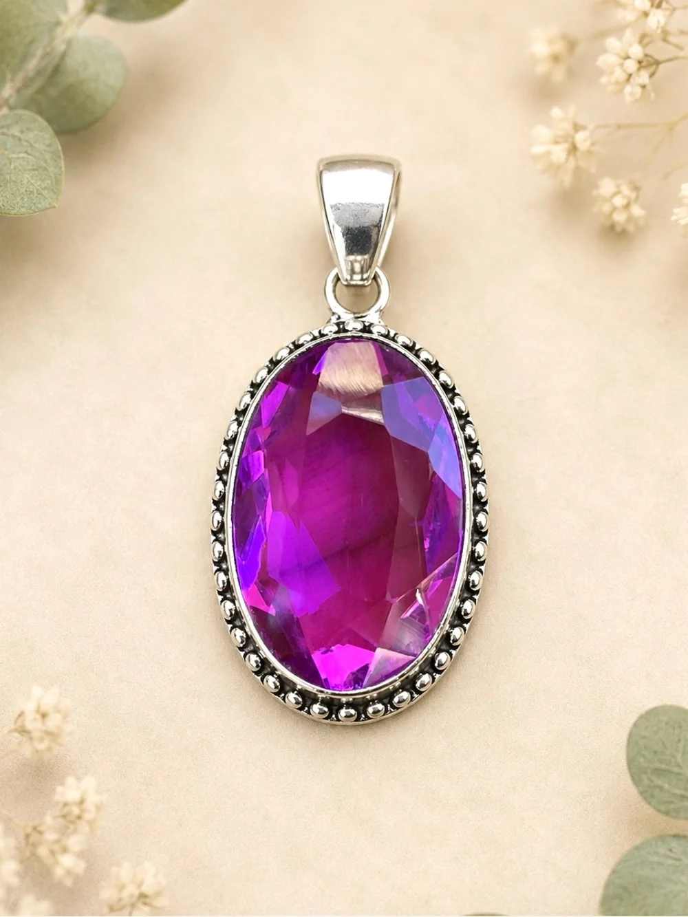 Large Purple-Pink Oval Topaz Silver Gemstone 2” Pendant